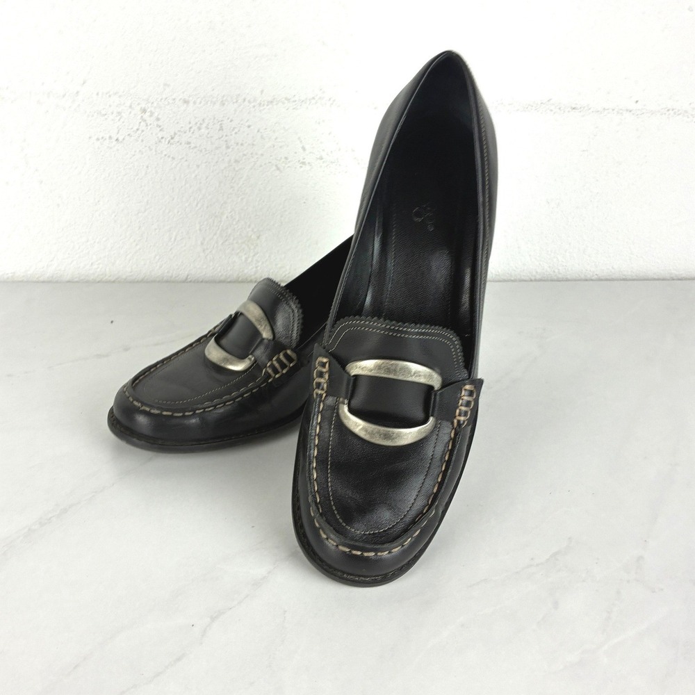 Franco Sarto Black Leather Square Toe Buckle Block Heel Loafers Womens 9M